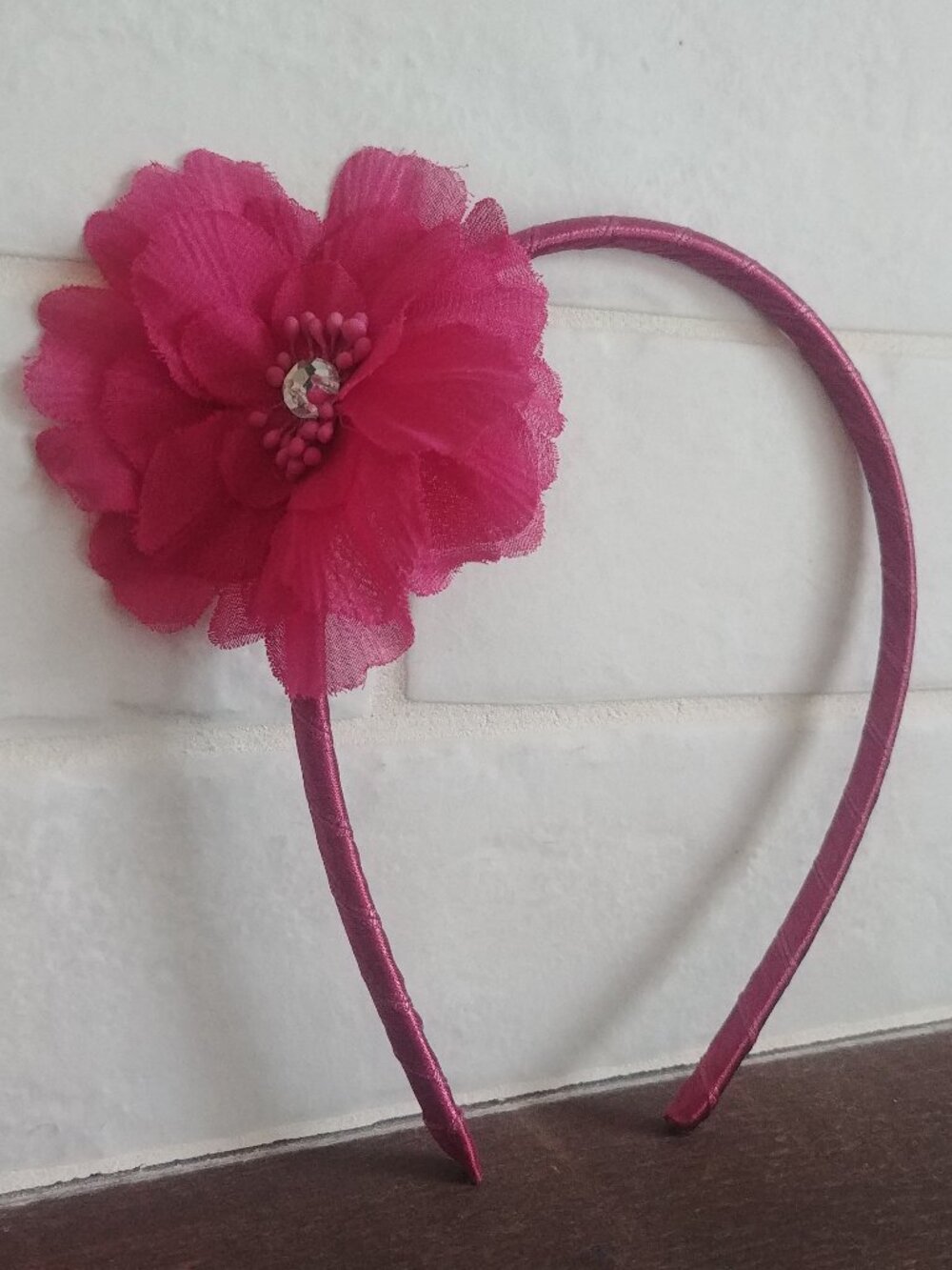 4/$20 Slim narrow satin headband with statement flower delicate petals pink